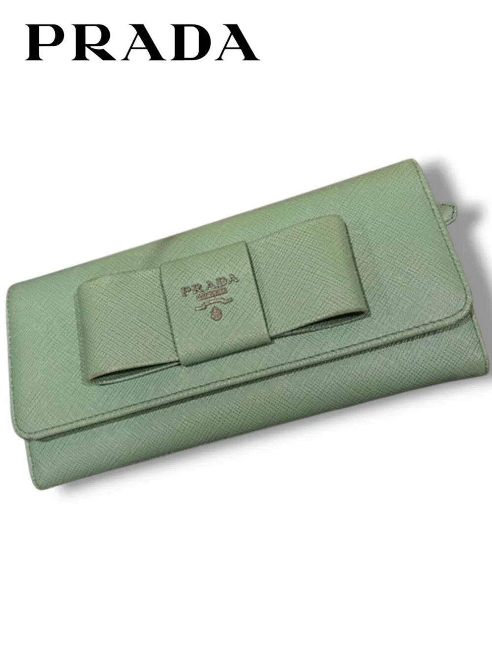 PRADA Fiocco Bow Saffiano Leather Long Wallet Green Foldover Clutch Flap Italy